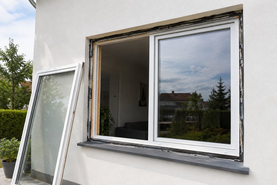 Fenstertausch vor Ort: neues Kunststofffenster wird eingebaut, alter Fensterflügel lehnt an der Hauswand